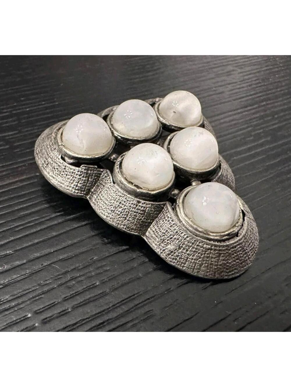Vintage ATI Mother Of Pearl Cabochon Pewter Tone Modernist Brooch VGC